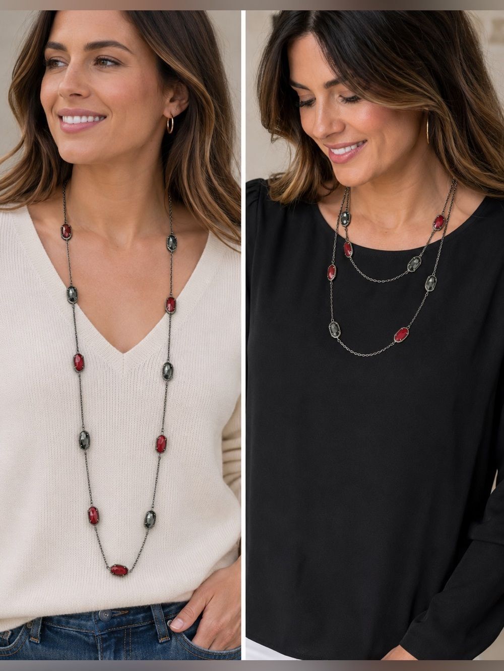 Retired Kendra Scott 42" Silver long Station Necklace Red & Hematite Stones